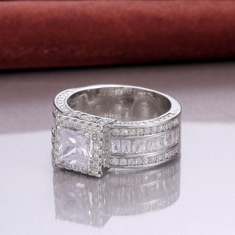 NEW Silver Princess Cut Diamond Halo Ring 3 - Picture 3 of 11